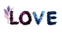 Floral typography spells LOVE with purple and blue flower petals and leaves on white background, romantic lettering design isolated for valentines cards and wedding decor.
