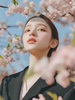 Young Asian woman with short hair looking up thoughtfully among pink cherry blossom flowers against blue sky background during spring season outdoors.