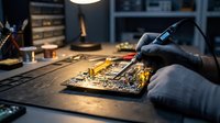 Skilled technician repairing electronic circuit board with precision soldering iron in professional workshop environment for technology maintenance services.