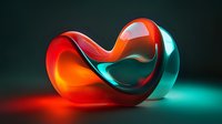 Abstract curved glass or acrylic shape in red and turquoise colors on dark background with dramatic lighting creating modern minimalist art composition.