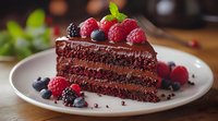 Slice of rich chocolate layer cake garnished with fresh raspberries, blackberries and blueberries on white plate, dark ganache frosting and mint leaves.