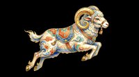 Ornate leaping ram with traditional Asian floral patterns in gold, red, and blue, isolated on transparent background. Great for stickers, t-shirt design, print on demand.