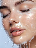 Close up of wet face with water drops and foam, natural makeup, closed eyes and plump glossy lips showing skincare and beauty concept.