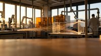 Industrial manufacturing facility with metal wire mesh conveyor system and machinery in warm golden lighting for production concepts.