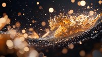 Dynamic liquid splash creating golden wave with glowing bokeh particles against dark background, frozen motion photography capturing luminous fluid movement.