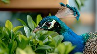 Vibrant peacock head close-up among green foliage shows iridescent blue and turquoise feathers, detailed eye and beak in natural garden setting.