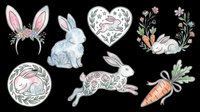 Watercolor bunny ears headband, sitting rabbit, heart wreath, floral bunny silhouette, circular leaf frame, jumping hare with flowers, and carrot with leaves isolated on transparent background. Ready for t-shirt designs, stickers, clipart, sublimation, and print-on-demand products.