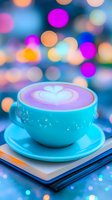 Turquoise cup of cappuccino with latte art heart on saucer against colorful bokeh lights background, creating dreamy cafe atmosphere.