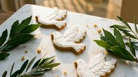 White dove-shaped cookies with icing on parchment paper surrounded by green olive branches, perfect for peace celebrations and religious holidays.