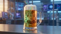 Beer mug with digital circuit board pattern overlay in modern tech office environment representing fusion of traditional brewing and technology innovation.