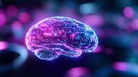 Glowing brain hologram in pink and blue neon colors against dark background with bokeh lights, representing artificial intelligence and cognitive science.