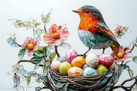 Watercolor robin perched near nest with colorful Easter eggs among blooming spring flowers and delicate branches, soft pastel palette creates gentle seasonal composition.
