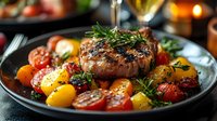 Grilled beef steak served with colorful roasted cherry tomatoes, golden potatoes and fresh herbs on black plate, close up view with moody lighting and wine glass.