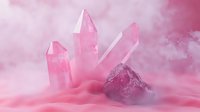 Pink crystal cluster with raw amethyst stone emerging from mystical fog, glowing ethereal rose quartz points against dreamy pink atmospheric background.