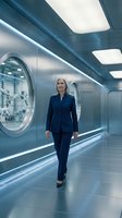 Middle-aged woman with gray hair wearing dark blue business suit walking through modern futuristic corridor with illuminated ceiling panels and metallic walls for corporate and technology concepts.