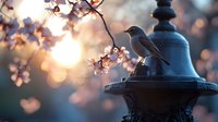 Small bird perched on vintage lamp post at sunset with blooming cherry blossoms creating dreamy bokeh effect in soft pink and golden tones. Romantic spring atmosphere.