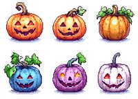Colorful pixel art jack o lanterns with carved faces and green leaves, glowing in orange, blue, purple, and white variations on transparent background for game design.