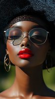 Young African American woman wearing stylish glasses and bright red lipstick poses with gold hoop earrings under sunlight, showcasing elegant makeup and flawless skin.