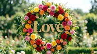 Colorful rose wreath with gold Love lettering in a lush garden, perfect for weddings, Valentine's Day, and romantic celebrations.