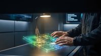 Businessman working with futuristic holographic interface technology in modern office environment for digital innovation presentations.