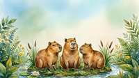 Three capybaras sitting together in a lush watercolor meadow with green plants, reeds, and wildflowers, soft pastel background with copy space.