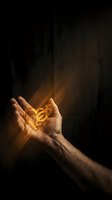 Hand holding glowing male gender symbol with golden light rays against dark background. Concept for masculinity, male identity, gender studies, and empowerment themes.