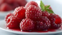 Fresh ripe red raspberries on white plate with mint garnish. Organic summer berries for healthy eating, desserts, smoothies and culinary applications.