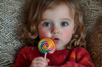 Caucasian toddler girl with bright blue eyes and curly blonde hair holds colorful rainbow lollipop while wearing red knit sweater, expressing wonder and innocence.