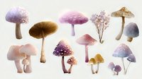 Whimsical pastel mushrooms collection in pink, purple and brown tones on light background, isolated watercolor style elements for stationery and fabric design.
