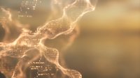Glowing golden digital data stream with binary code flowing through abstract energy waves on warm bokeh background.
