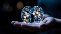 Glowing anatomical kidneys floating above open palms against dark background, illuminated with magical sparkles and bokeh lights creating medical science concept.