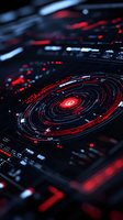 Futuristic circular interface with glowing red elements on dark background displays technological data visualization for cybersecurity and digital analytics concepts.