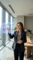 Confident Caucasian businesswoman in suit interacting with futuristic holographic interface in modern office, touching virtual data screen.
