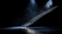 Mysterious glowing staircase floating in dark space with dramatic spotlights and water reflection creates supernatural atmosphere for fantasy concepts.