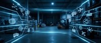 Digital warehouse with glowing network icons and data visualization overlays, representing logistics, supply chain management, and smart technology integration for business operations.