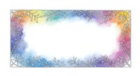 Ornate mandala frame with gradient rainbow colors transitioning from yellow to pink to blue, featuring intricate floral patterns on corners and edges with white center space for text or design overlay.