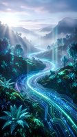 Glowing digital circuit road winds through misty forest valley with neon blue green light trails, blending nature and futuristic technology concept.