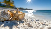 Starfish and seashells on white sandy tropical beach with sparkling ocean waves and palm trees in background, sun flare creates dreamy summer atmosphere.