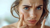 Young Caucasian woman with freckles touching her face, showing natural skin texture and blemishes against soft blurred background, demonstrating skincare concerns.