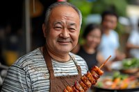 Cheerful senior Asian male chef in brown apron holding grilled chicken skewer, smiling at camera. Restaurant setting with blurred customers in background.
