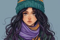 Young woman with long dark wavy hair wearing turquoise beanie and purple scarf, illustrated in anime style with large expressive eyes and soft facial features.