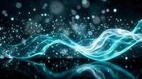 Abstract cyan energy waves flowing through dark space with glowing particles and bokeh lights creating futuristic digital technology background.