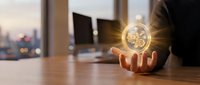 Professional businessman holding glowing golden clock symbol representing time management and productivity in modern office workspace.
