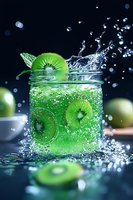 Fresh kiwi slices in sparkling green drink with dynamic water splash and droplets in mason jar against dark background, refreshing summer beverage concept.