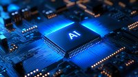 Glowing AI processor on blue circuit board with electronic components and pathways, representing artificial intelligence and machine learning technology.