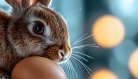 Close up portrait of brown bunny rabbit with long whiskers next to brown egg on blurred bokeh background with warm glowing lights for Easter holiday.
