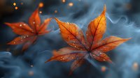 Orange maple leaves with water drops floating in misty blue atmosphere, magical autumn mood with bokeh lights and swirling fog creates dreamy natural composition.