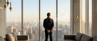 Successful businessman in dark suit standing at floor-to-ceiling windows overlooking urban skyline from luxury office or penthouse apartment interior.