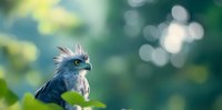 Majestic blue crested parrot against blurred natural green background with bokeh lights, side view portrait showing detailed feathers and distinctive crest.