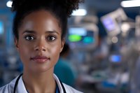 African American female doctor portrait in modern hospital emergency room with medical equipment background for healthcare professional concepts.
